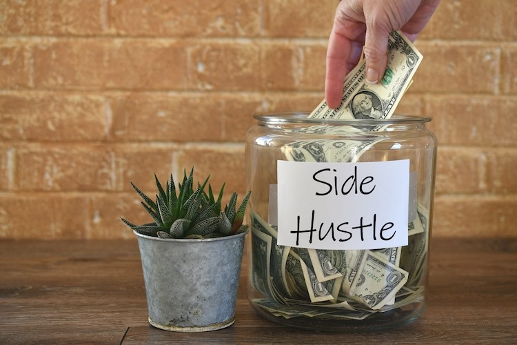 Small cacti next to a jar labelled "side hustle" as a way to make $100k a year